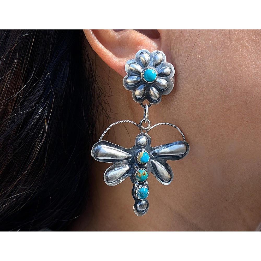 Navajo‎ Earrings Dangle Dragonfly Signed Southwest Jewelry Native American ***